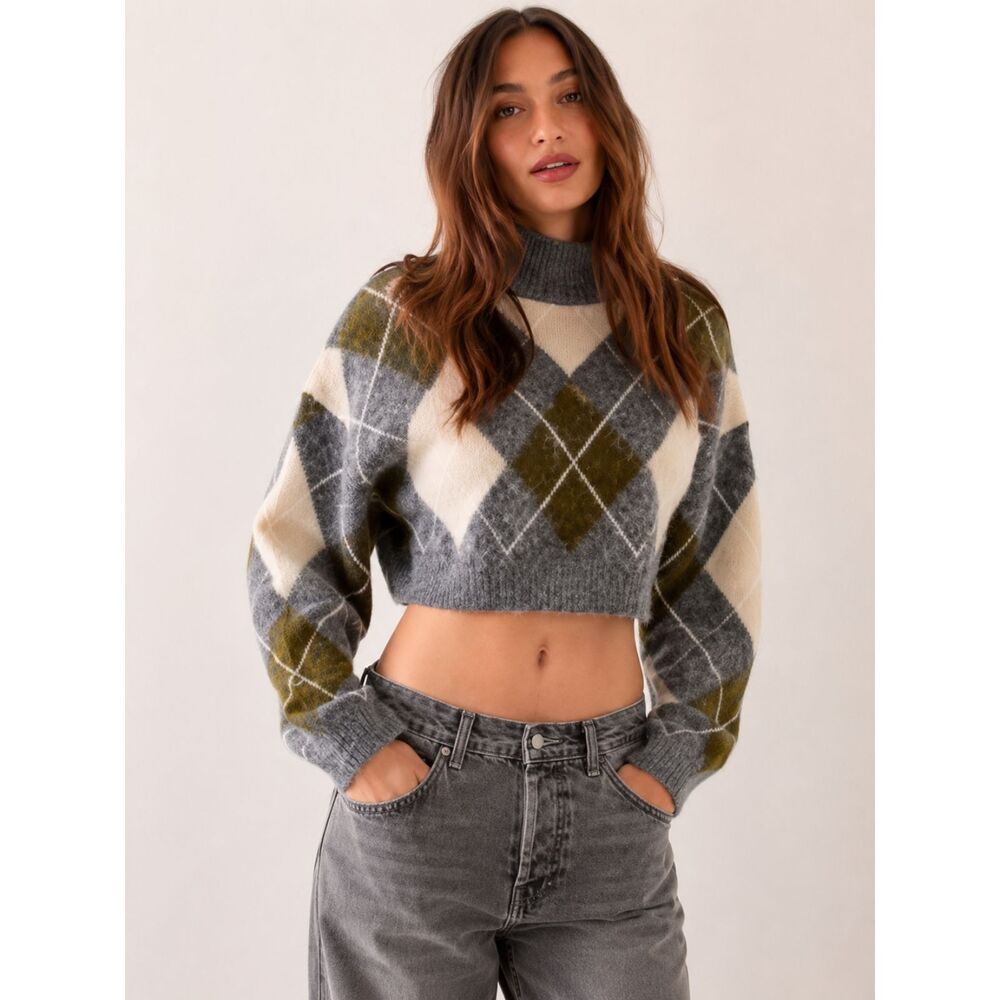Nasty Gal Brushed Argyle Cropped Turtleneck Sweater Jumper Olive Gray Large